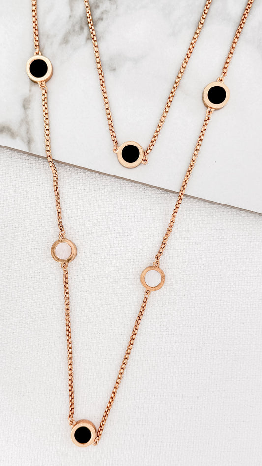 Black & Pearl Gold Circles Chain Necklace