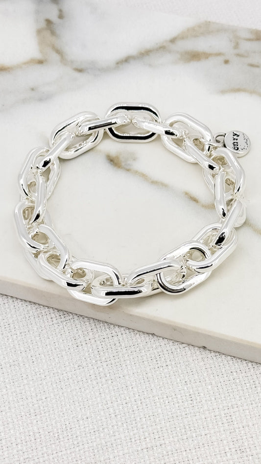 Chunky Silver Interlocked Chain Stretch Bracelet