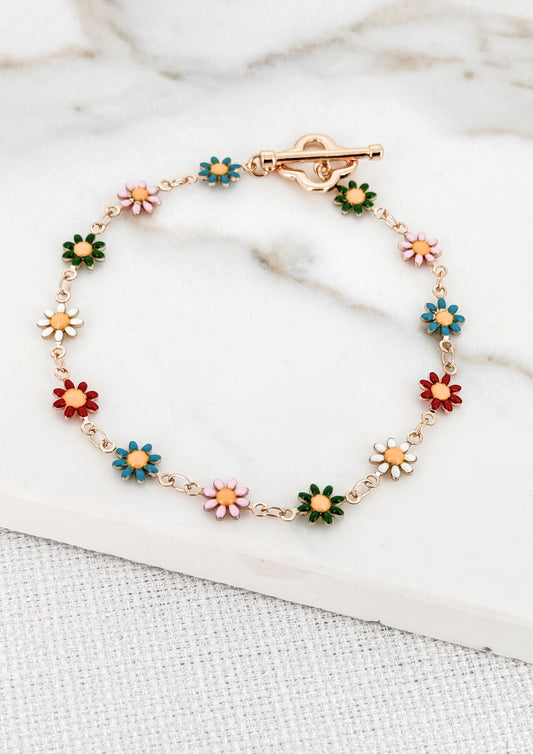 Multicoloured Flower T-Bar Clover Gold Bracelet