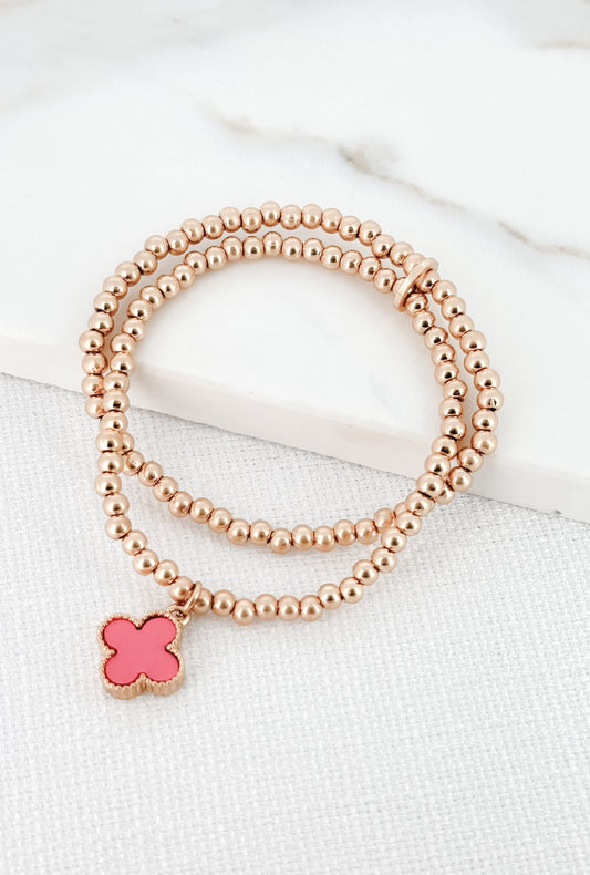 Pink Clover Gold Double Beaded Bracelet
