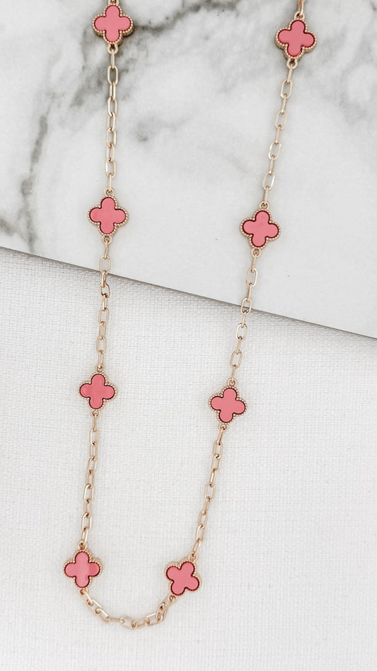 Gold & Pastel Pink Clover Long Necklace