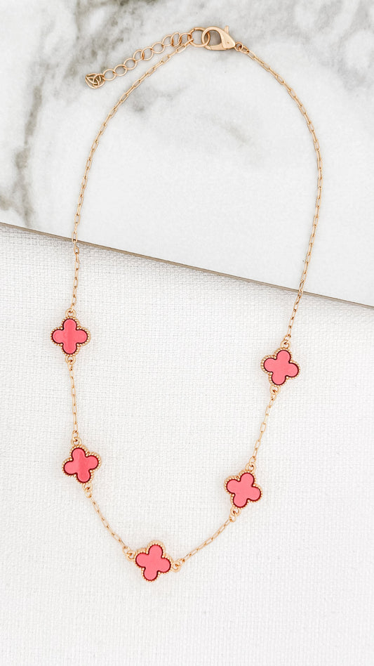 Gold & Pink Clover Short Necklace
