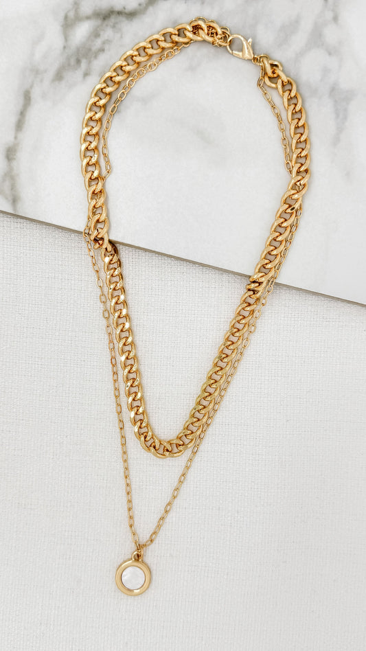 Double Gold Chain with Pearl Pendant Necklace