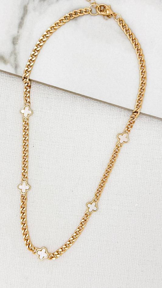 Gold Chain with White Pearl Clovers Short Necklace