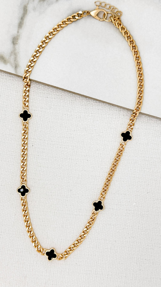 Gold Chain with Black Clovers Short Necklace