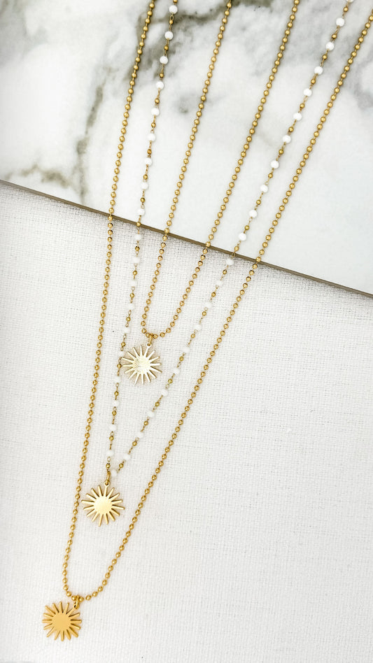 Triple Gold & Beaded Starburst Long Necklace