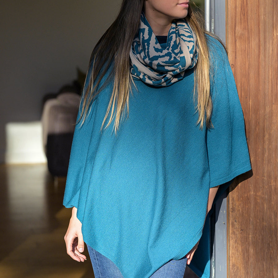 Fine Knitted Recycled Blend Poncho Bright Blue