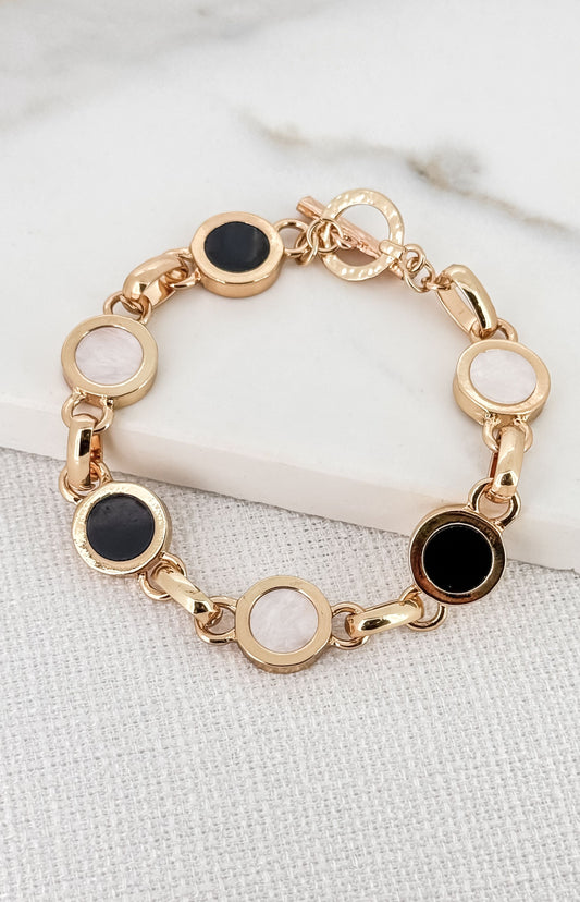 Black & Pearl Gold Circles Bracelet with T-Bar Closure