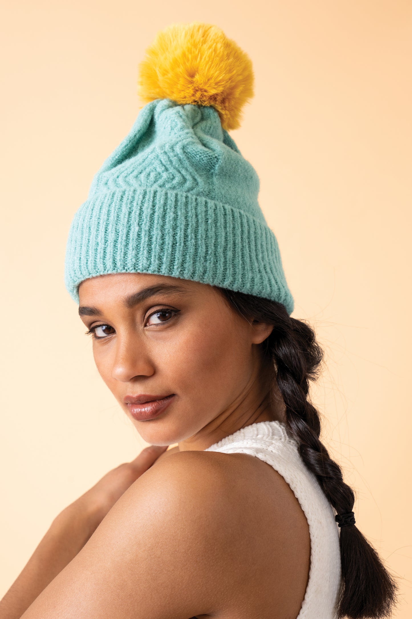 Ingrid Bobble Hat - Aqua & Mustard