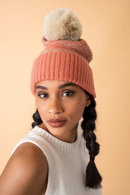 Thora Bobble Hat - Coral & Taupe
