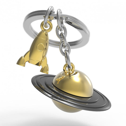 Metalmorphose Keyring Gold Saturn & Space Rocket