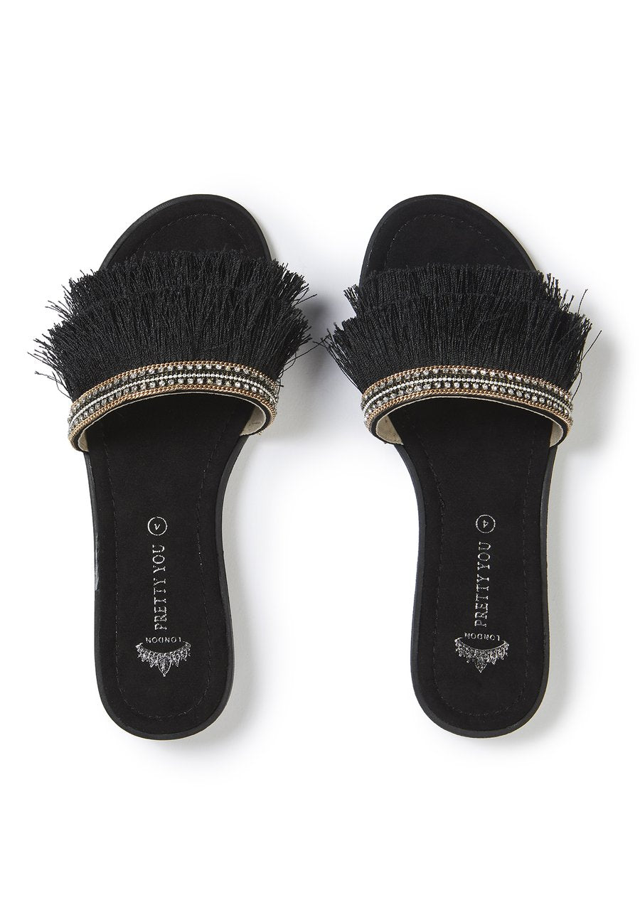 Pretty You London Black Fringe Slider Sandal (Several Sizes)
