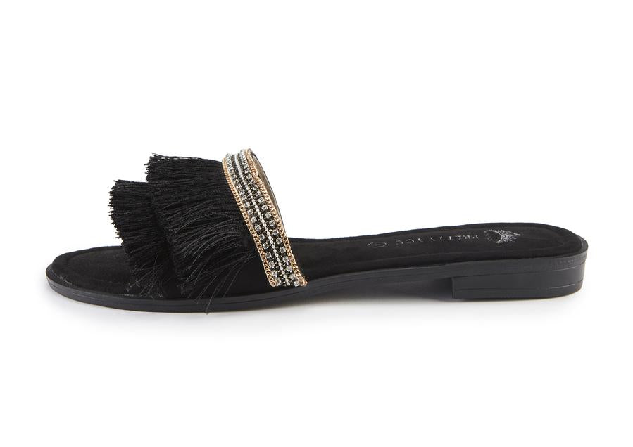 Pretty You London Black Fringe Slider Sandal (Several Sizes)