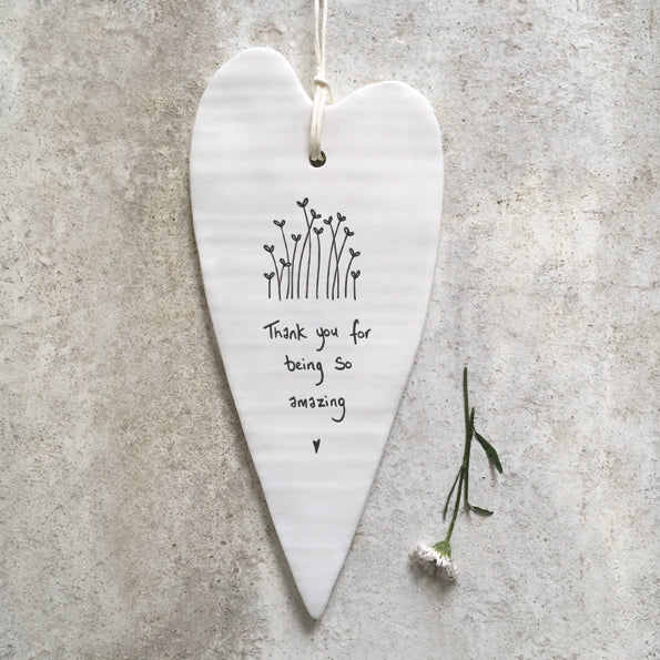 Wobbly Long Hanging Porcelain Heart Thank You Amazing