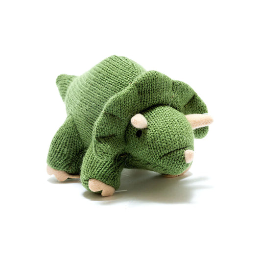 Knitted Triceratops Dinosaur Rattle Moss Green