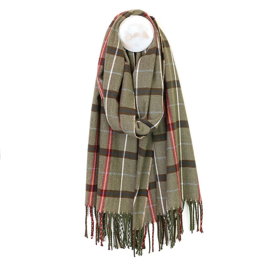 Tartan Recycled Blend Scarf Olive, Red & Brown