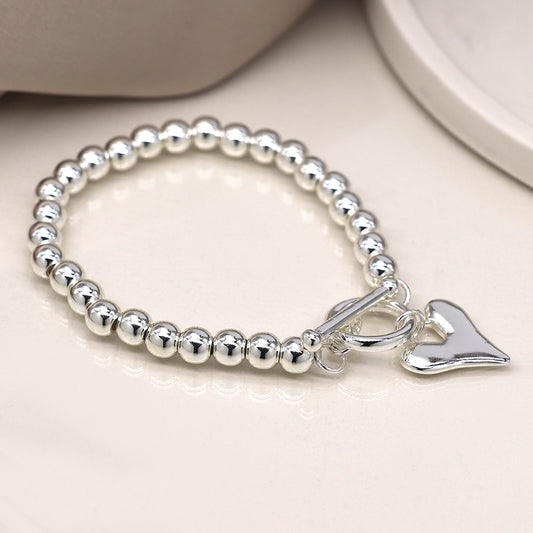 Bead & Heart Charm T-Bar Bracelet Silver