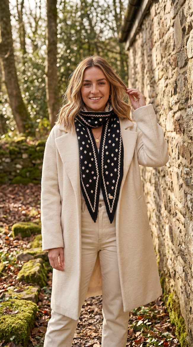 Spot Print Narrow Scarf Black & Cream