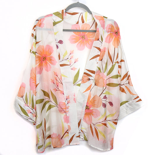 Pastel Peach & White Wildflower Print Kimono
