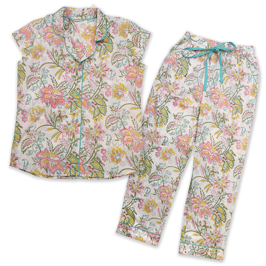 Botanical Print Cap Sleeve Ladies Pyjamas Ecru & Pink