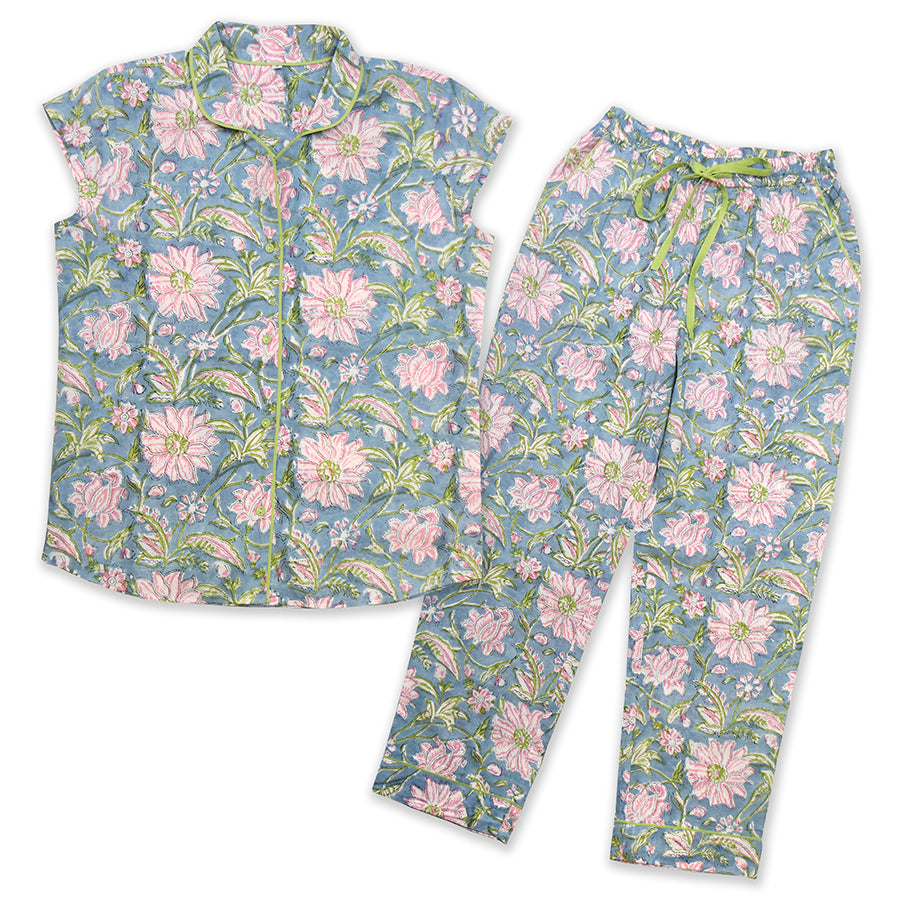 ‘Dahlia’ Print Cap Sleeve Pyjamas Pale Pink & Blue