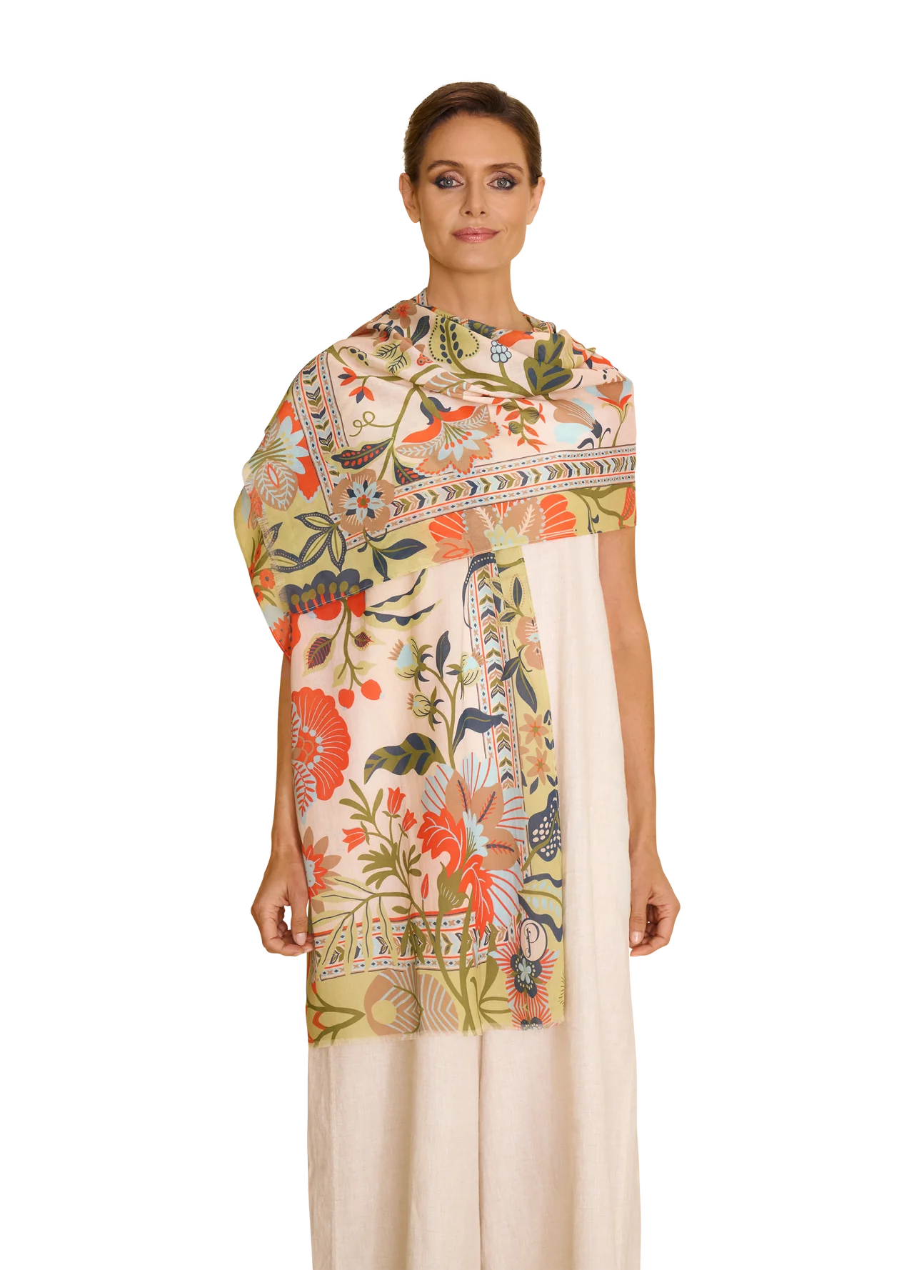 Folky Floral Cotton Scarf in Coconut