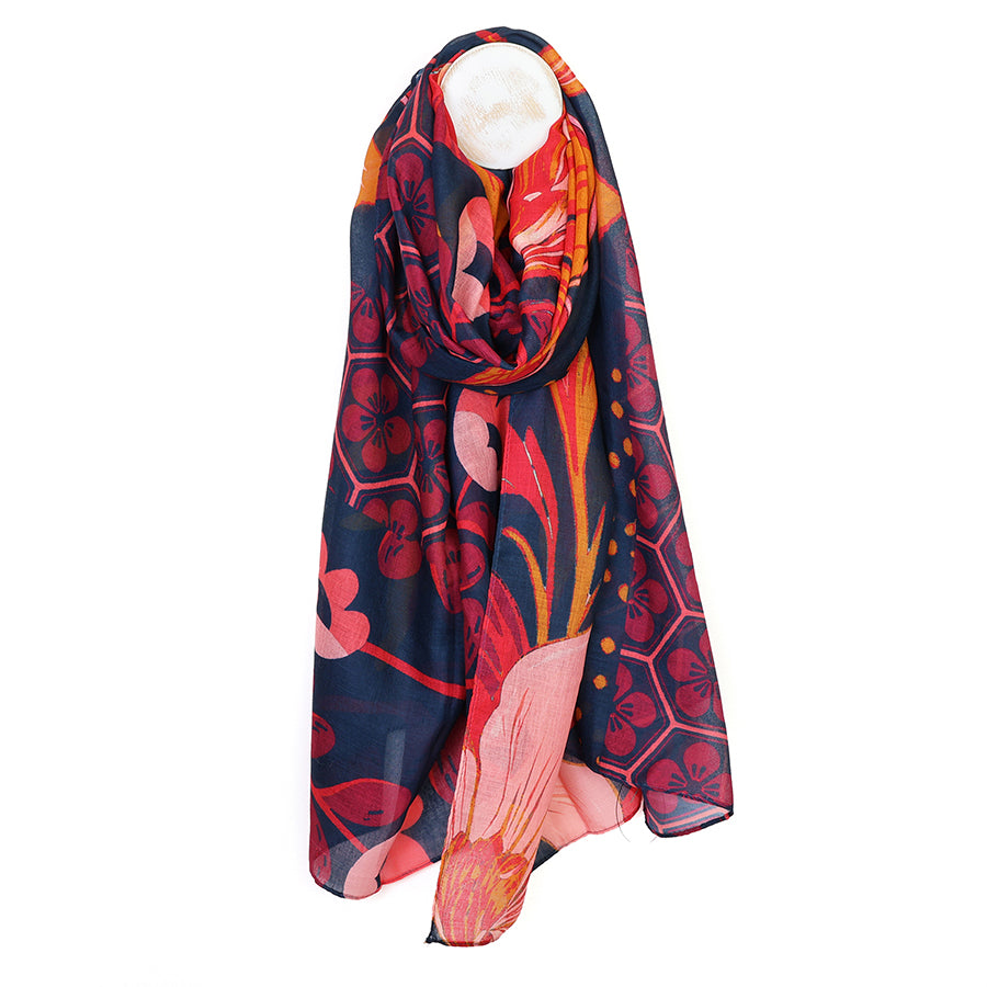 Navy & Pink Floral Print Recycled Scarf