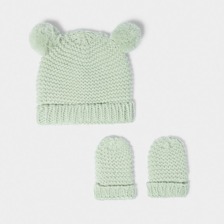 Baby Hat and Mittens Set 0-3 Months in Light Sage