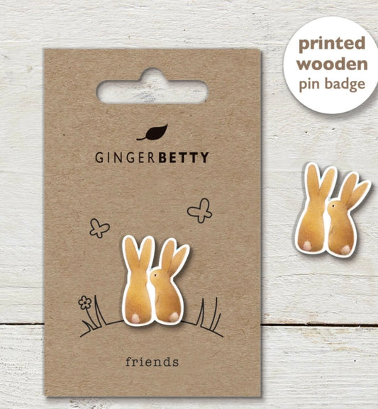 Friends Two Rabbits Wooden Pin Badge