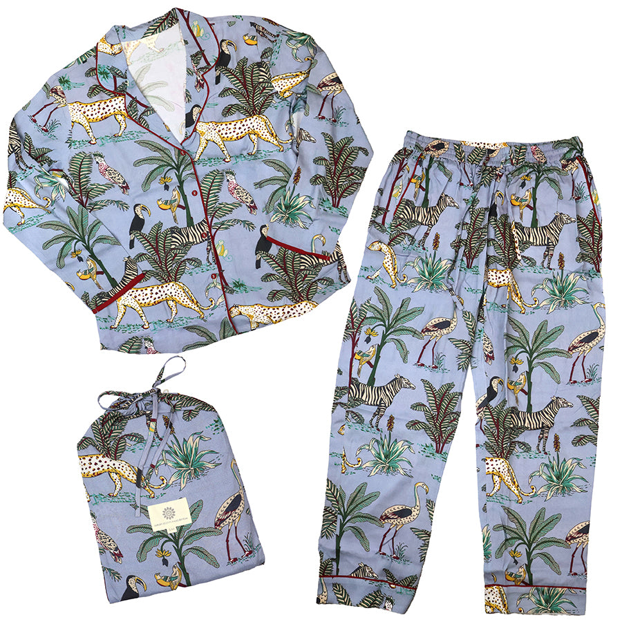 Dusky Blue Safari Palm Print Pyjamas
