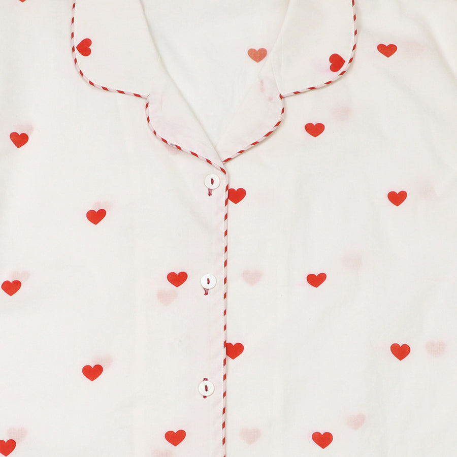 Off White & Red Heart Print Ladies Short Pyjamas