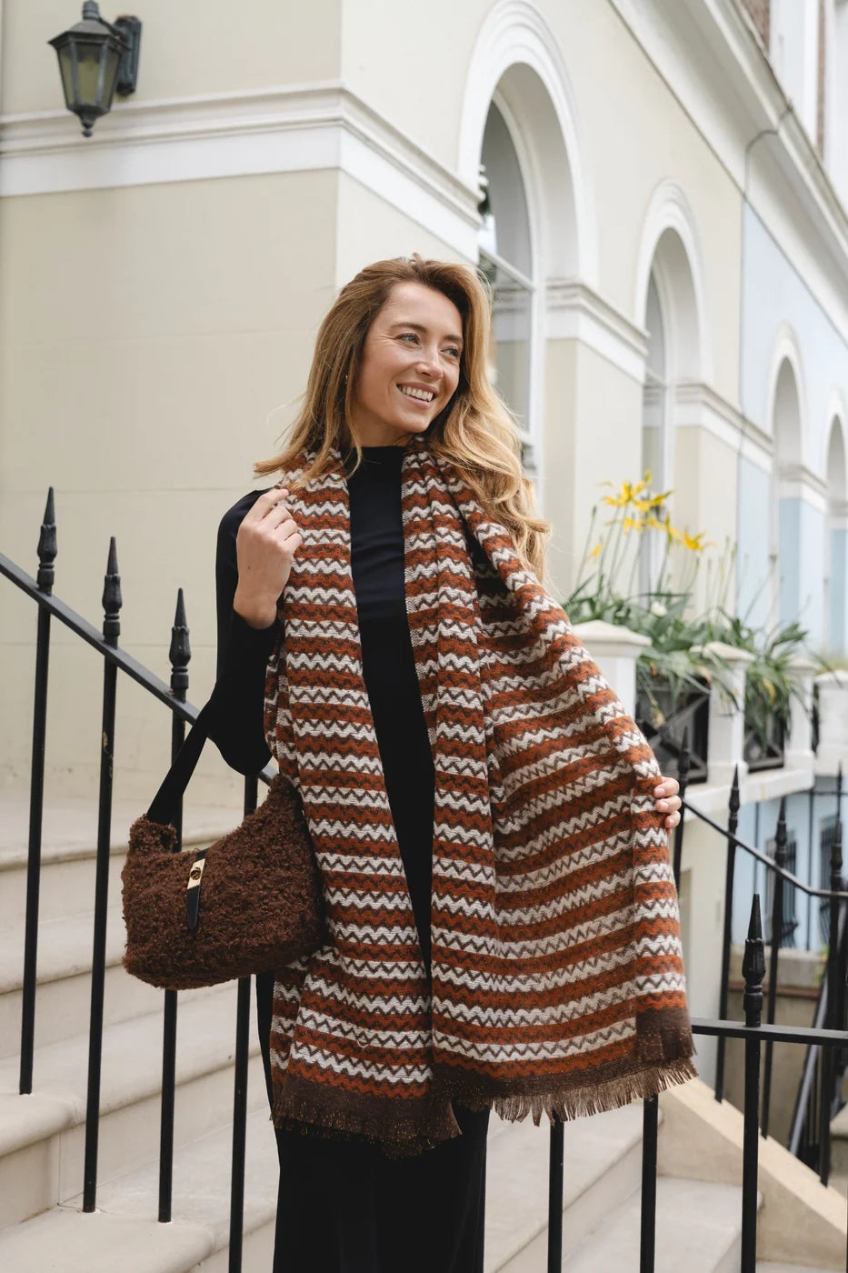 Stripe Knit Fringed Scarf Toffee