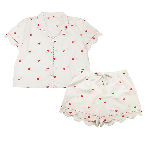 Off White & Red Heart Print Ladies Short Pyjamas