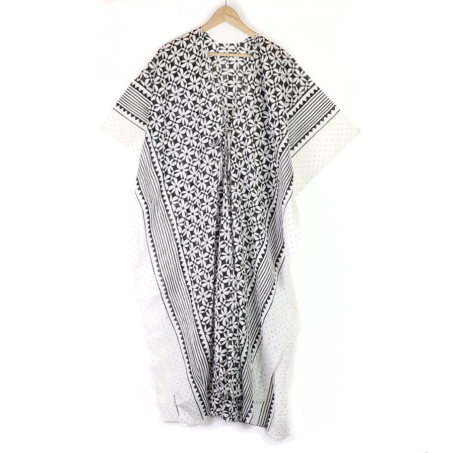 Monochrome Repeat Flower Print Long Kimono