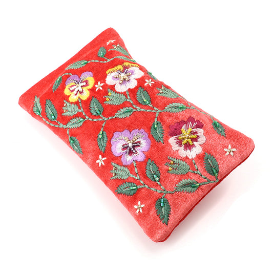 Red Embroidered Pansies Velvet Glasses Pouch