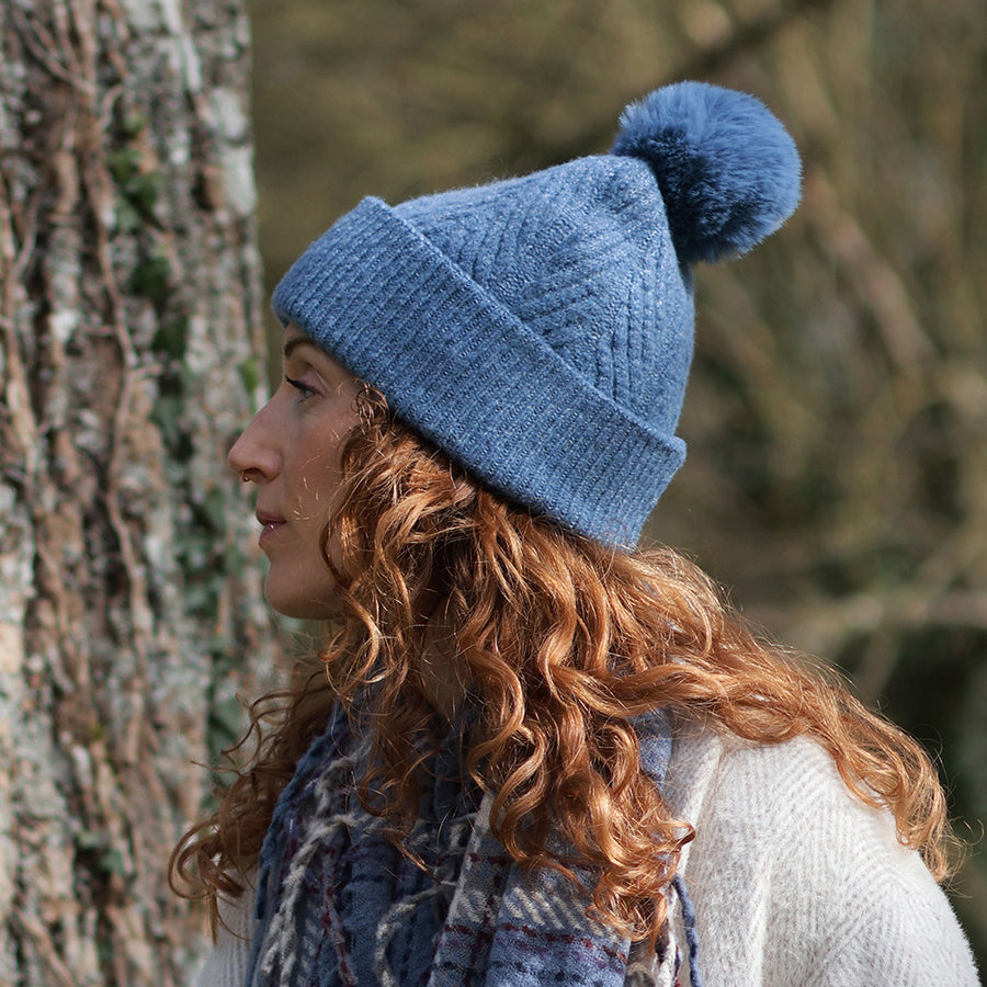 Herringbone Knit Bobble Hat Denim Blue
