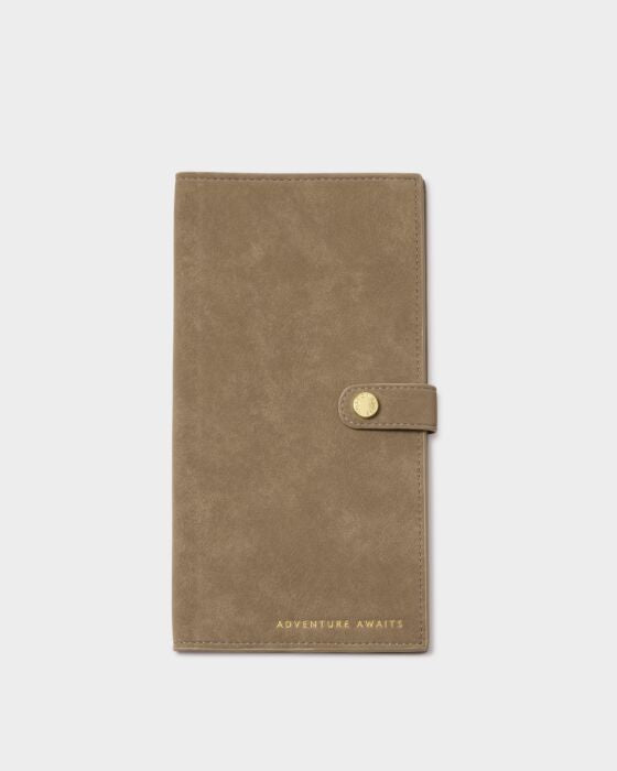 Katie Loxton Suedette Travel Wallet ‘Adventure Awaits’ in Taupe