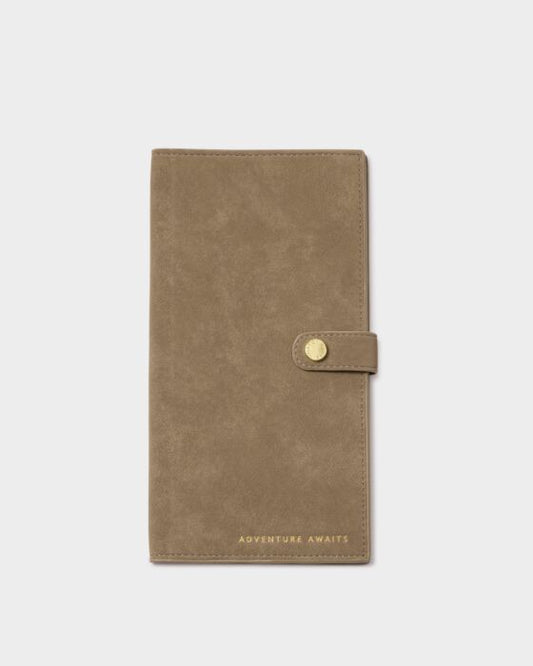 Katie Loxton Suedette Travel Wallet ‘Adventure Awaits’ in Taupe