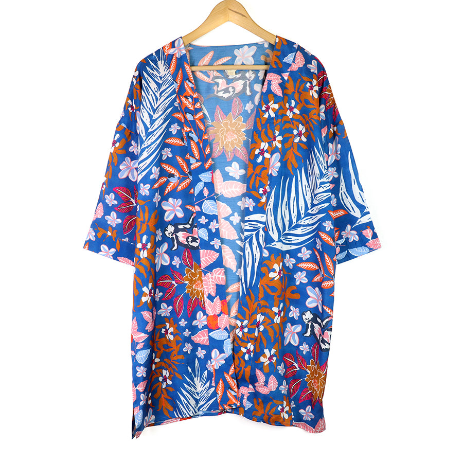 Blue & Rust Botanical Print Long Kimono