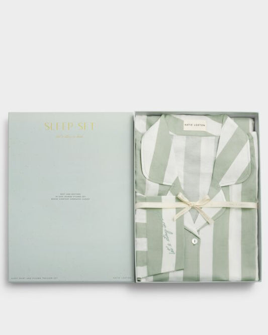 Stripe Print Gift Set Pyjamas in Green Mist & White