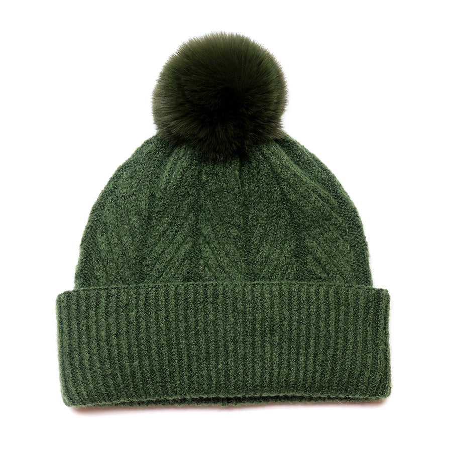 Herringbone Knit Bobble Hat Moss Green