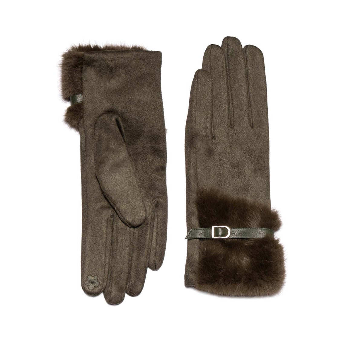 Faux Fur Touch Screen Gloves Olive