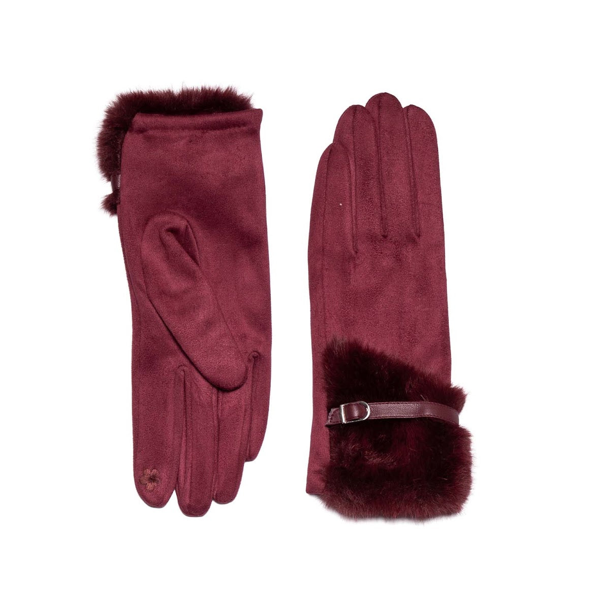 Faux Fur Touch Screen Gloves Burgundy