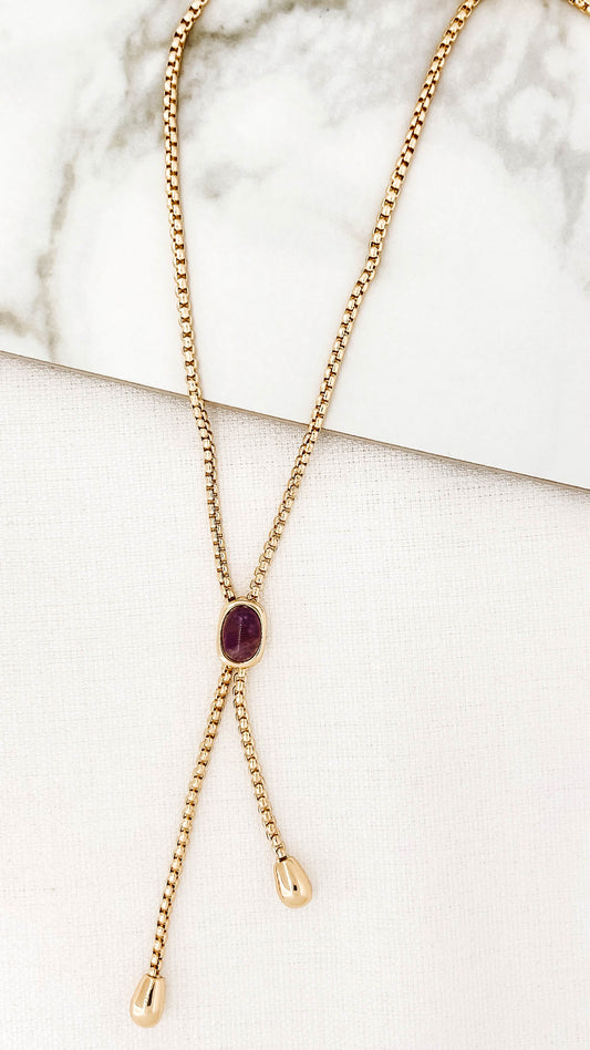 Long Lariat Chain with Amethyst Crystal Necklace in Gold