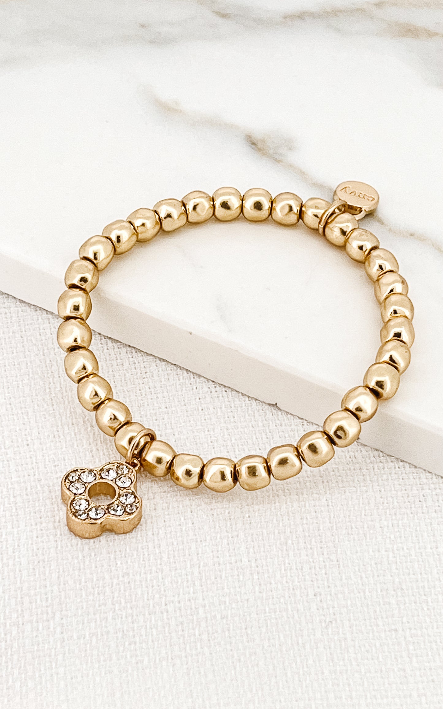 Ball Stretch Bracelet with Diamante Clover in Gold
