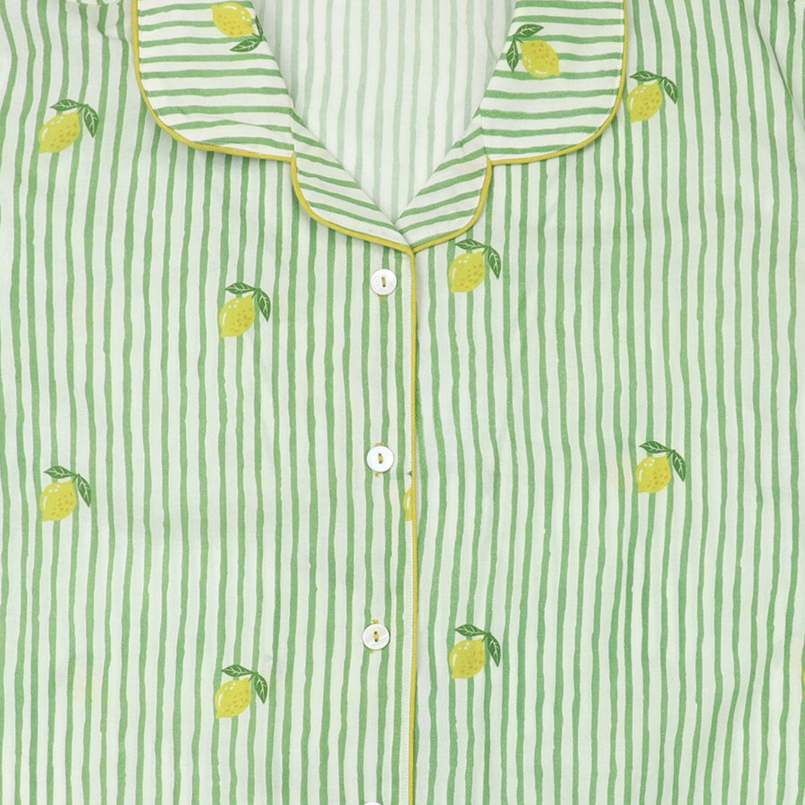 Green Stripe & Lemon Print Ladies Short Pyjamas