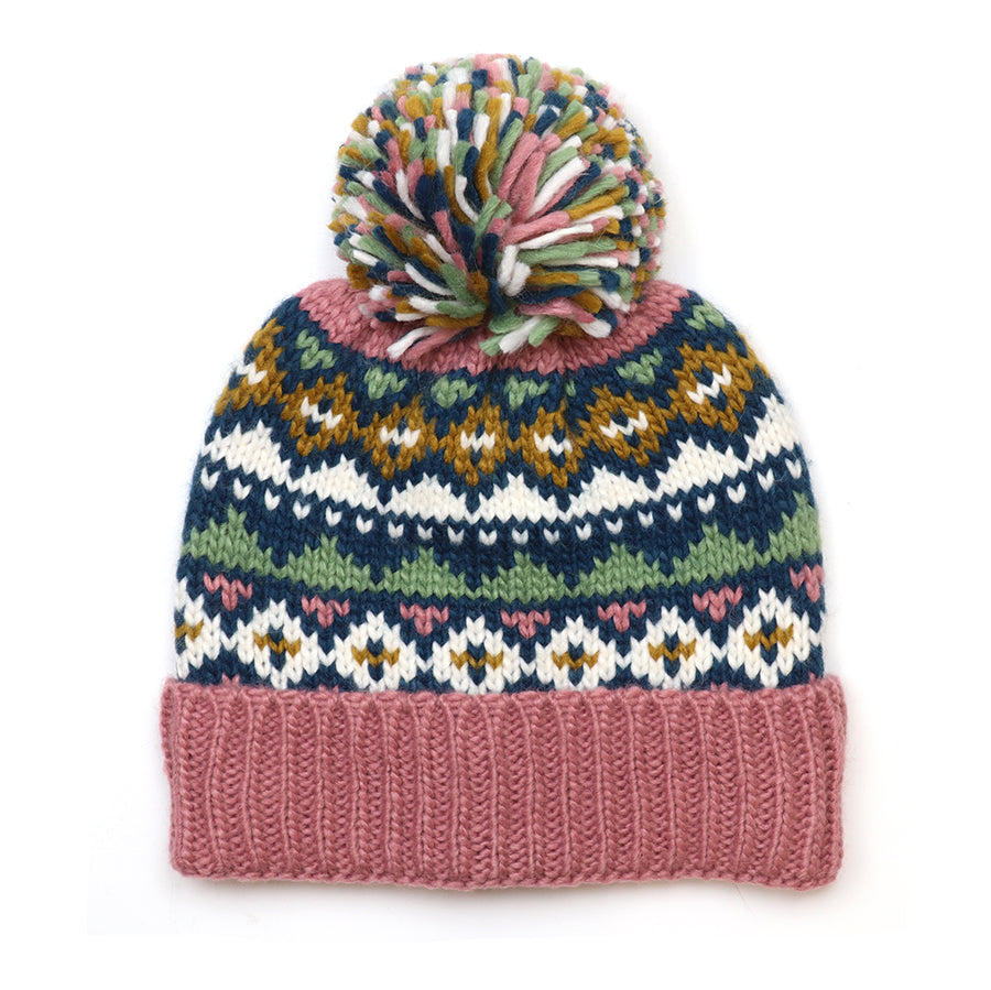 Rose Pink Patterned Knit Bobble Hat