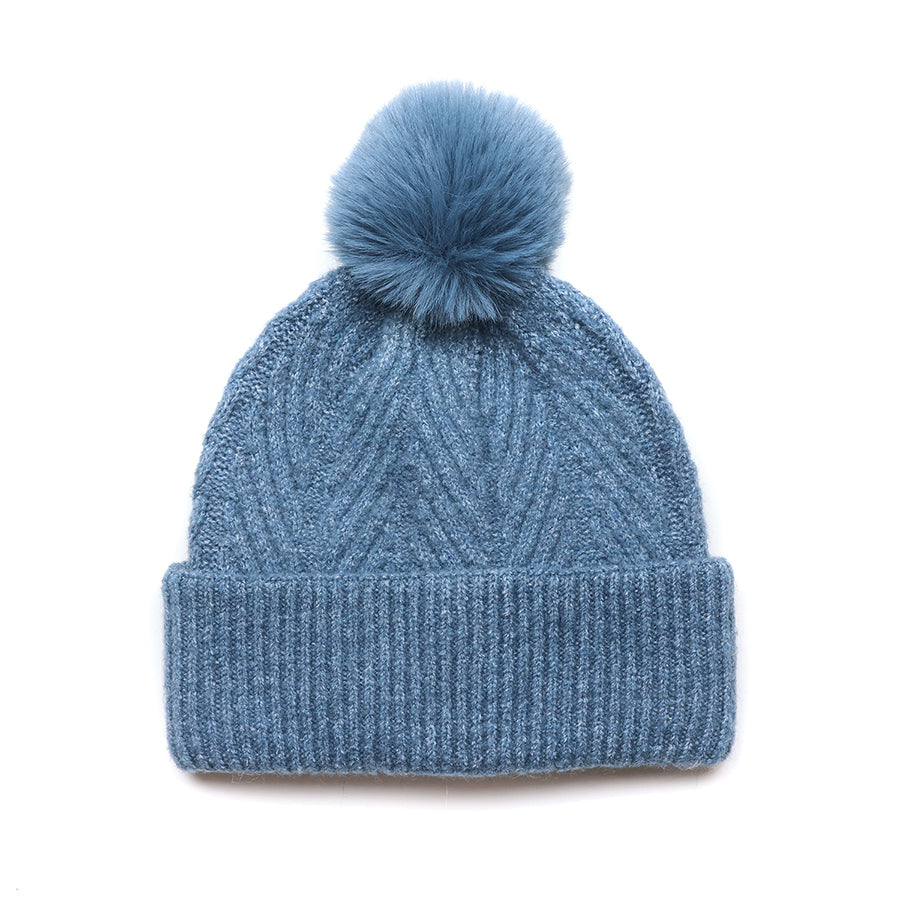 Herringbone Knit Bobble Hat Denim Blue