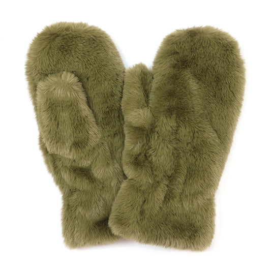 Faux Fur Mittens in Khaki Green