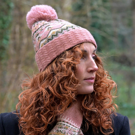 Dusky Pink & Green Fair Isle Bobble Hat